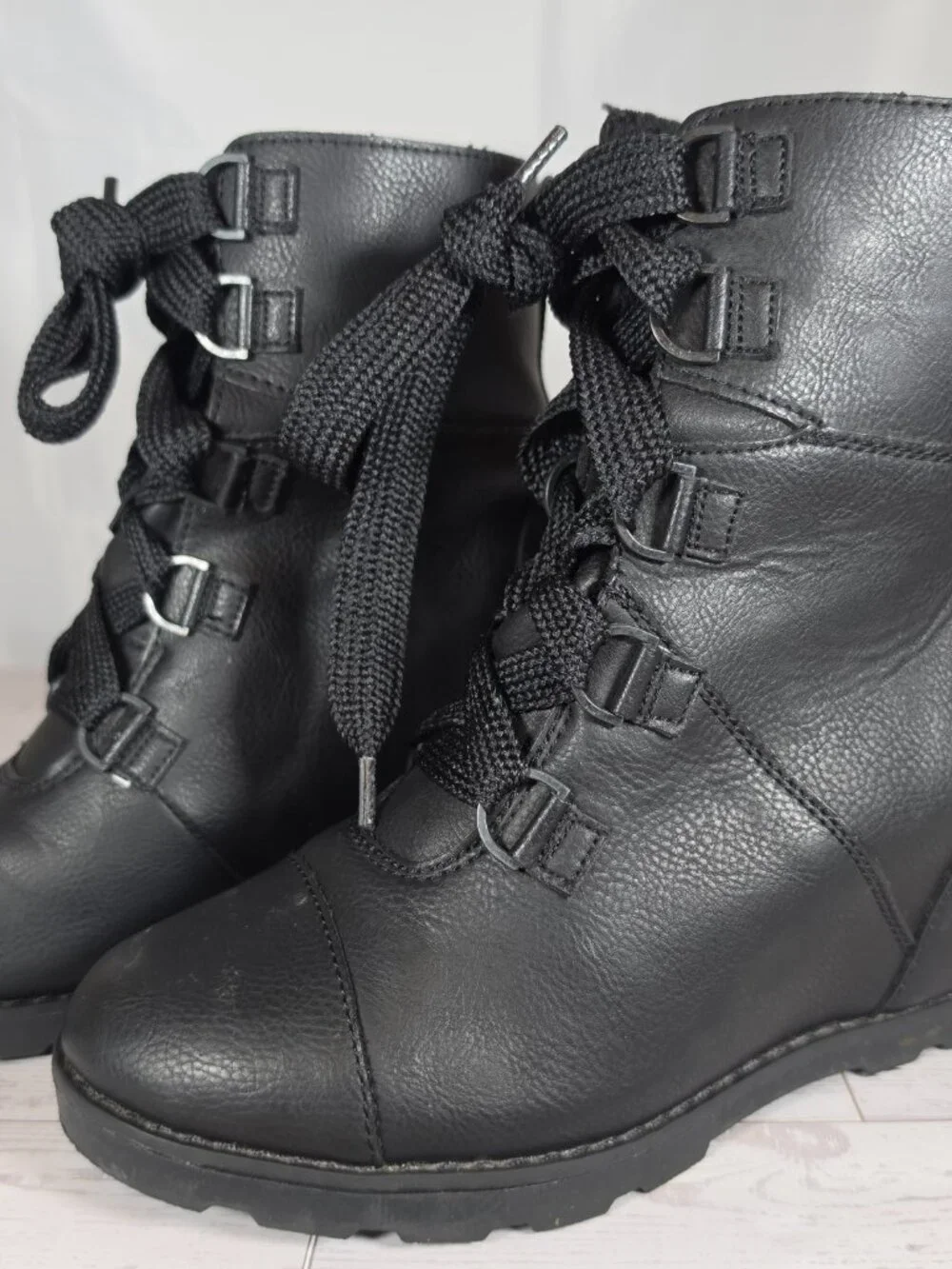 Universal Thread Black Ankle Boots Size 6.5 Lace Up Buckle Faux Leather Wedge